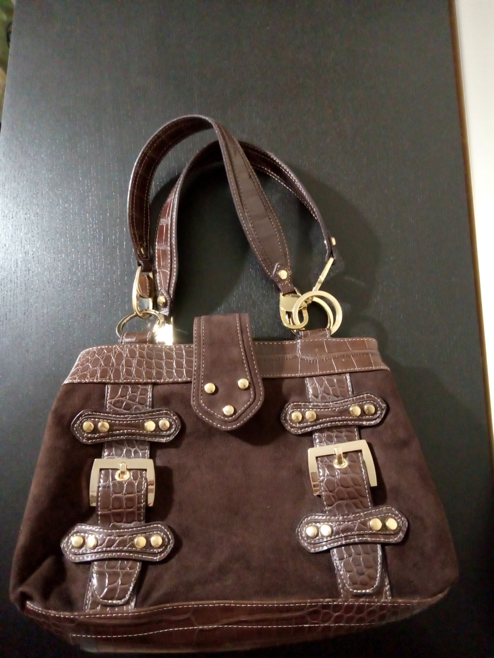 Vintage Kathy Van Zeeland Brown Suede Croc Buckle Satchel Bag Y2K McBling